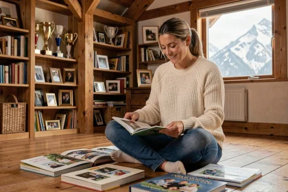 Femme athlète aux allures de championne feuilletant des albums photos familiaux dans un salon chaleureux aux poutres en bois avec vue sur les montagnes